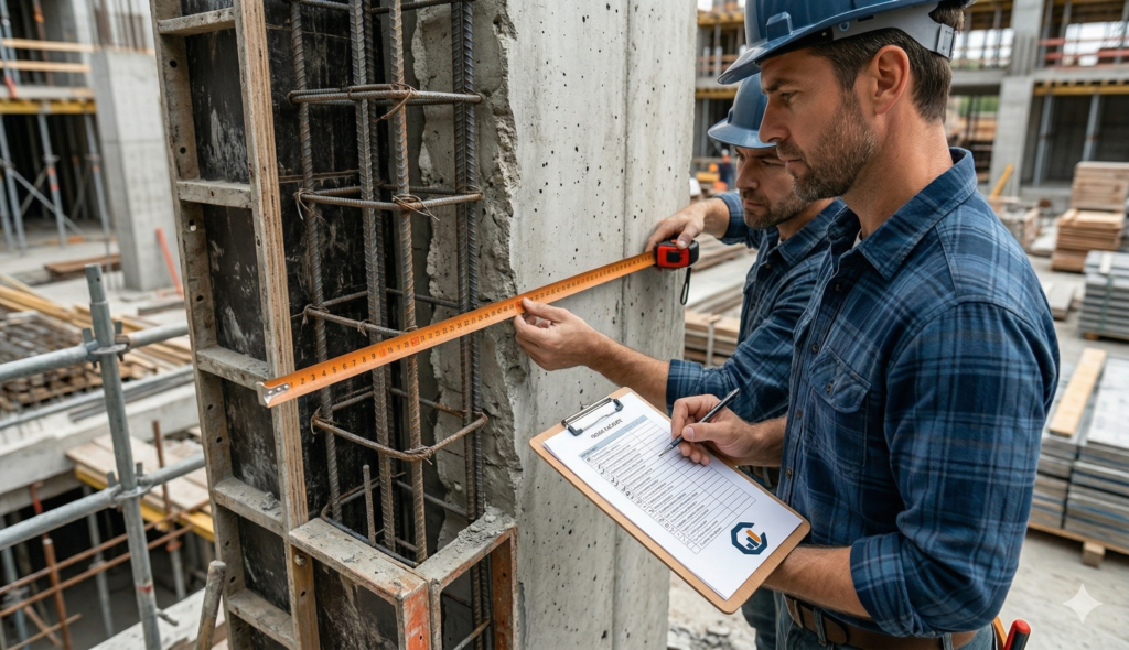 Supervisor inspeccionando calidad de columna en obra para prevenir retrabajo
