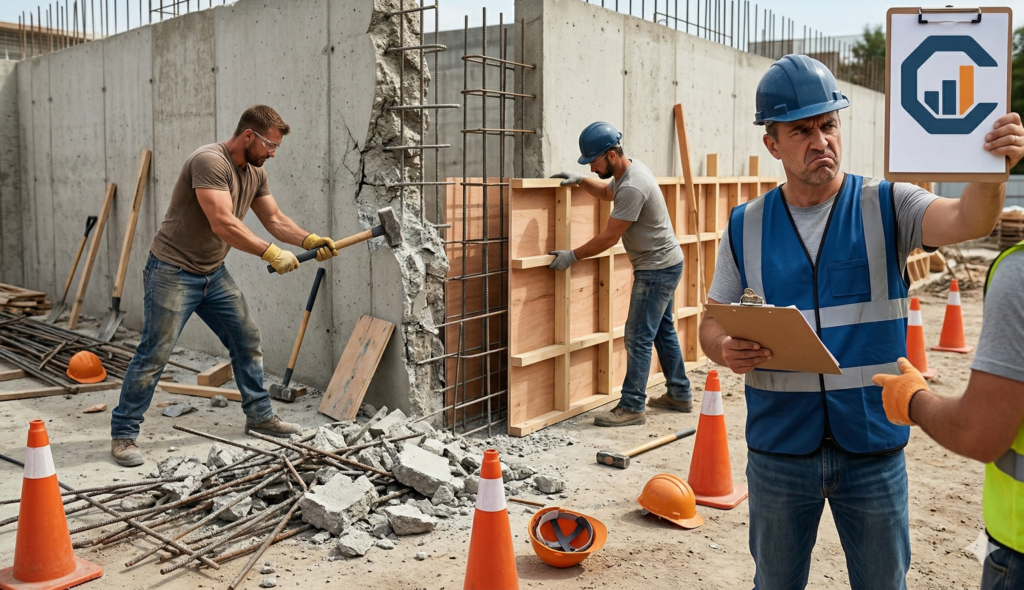 Retrabajo en construcción con cuadrilla rehaciendo sección de muro de concreto